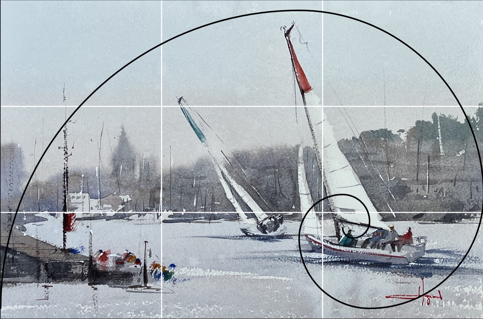 A golden spiral and rule-of-thirds grid overlaid on a watercolor of sailboats racing in a harbor — the crewed sailboat lands right at the spiral's eye, near a thirds crossing.